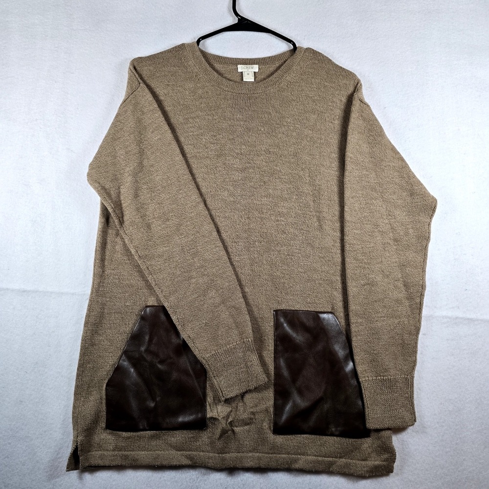 J Crew Sweater Womens M 100% Merino‎ Wool Faux Leather Pocket Pullover Tan Brown